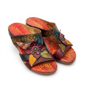 Socofy Leather Floral Wedge Sandals Art Boho Colorful Slides Mules Bohemian 38